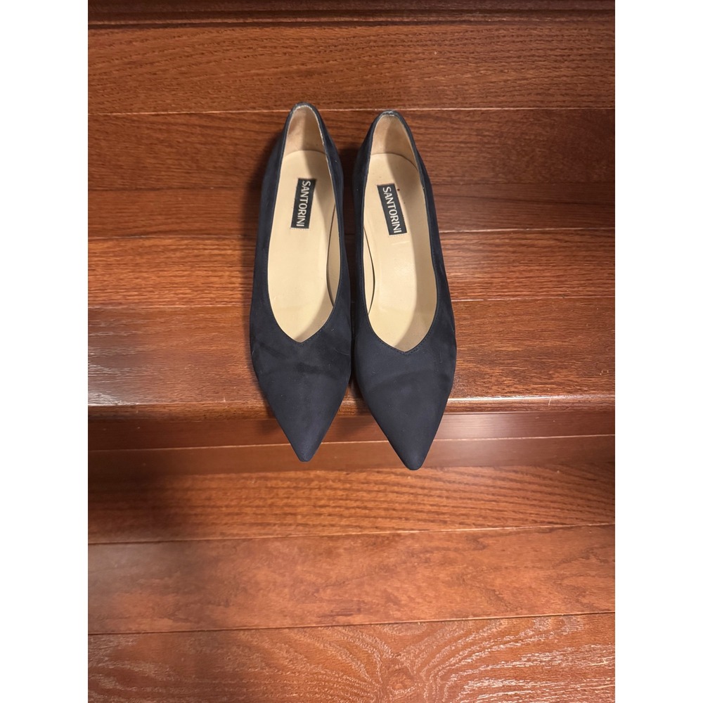 Vintage Santorini Black Suede Pointed Toe Block Heel Pumps Made in Spain Sz 7.5